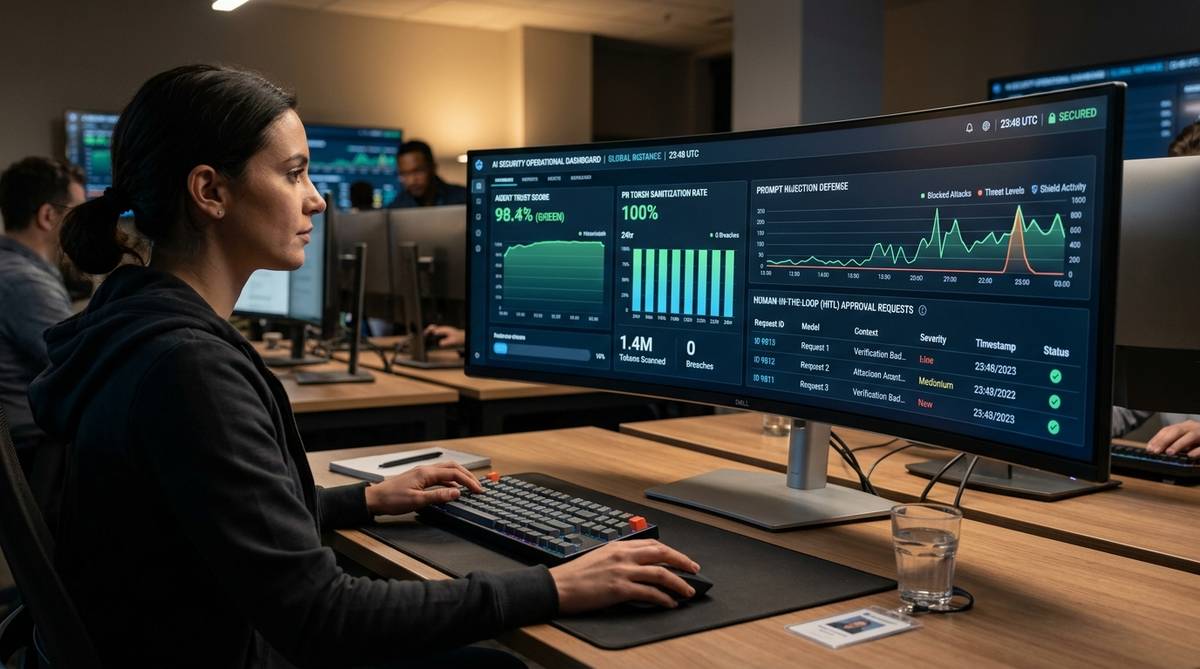 Enterprise AI operations dashboard tracking agent trust metrics, guardrails, and audit logs