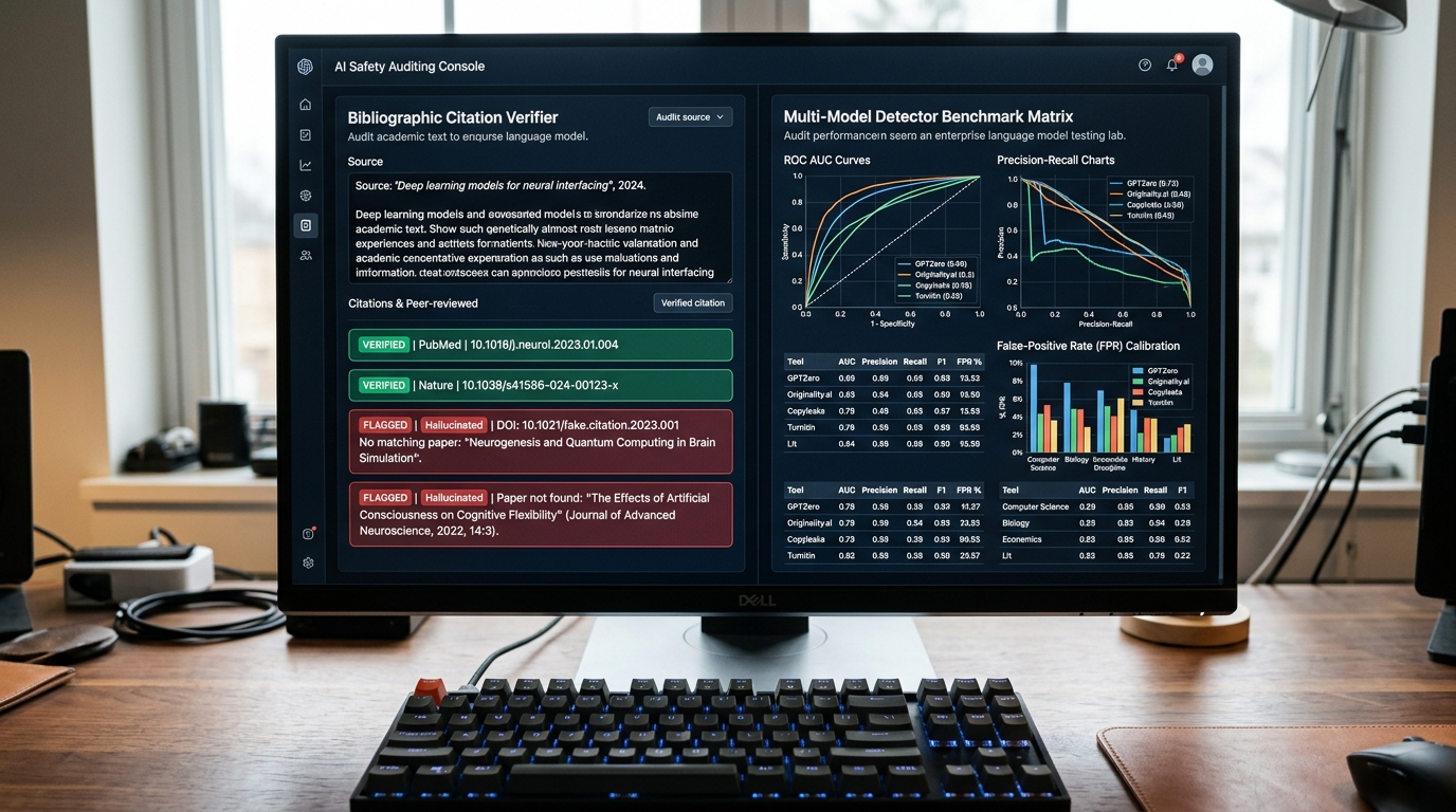AI safety auditing console displaying citation verification telemetry and detector calibration curves