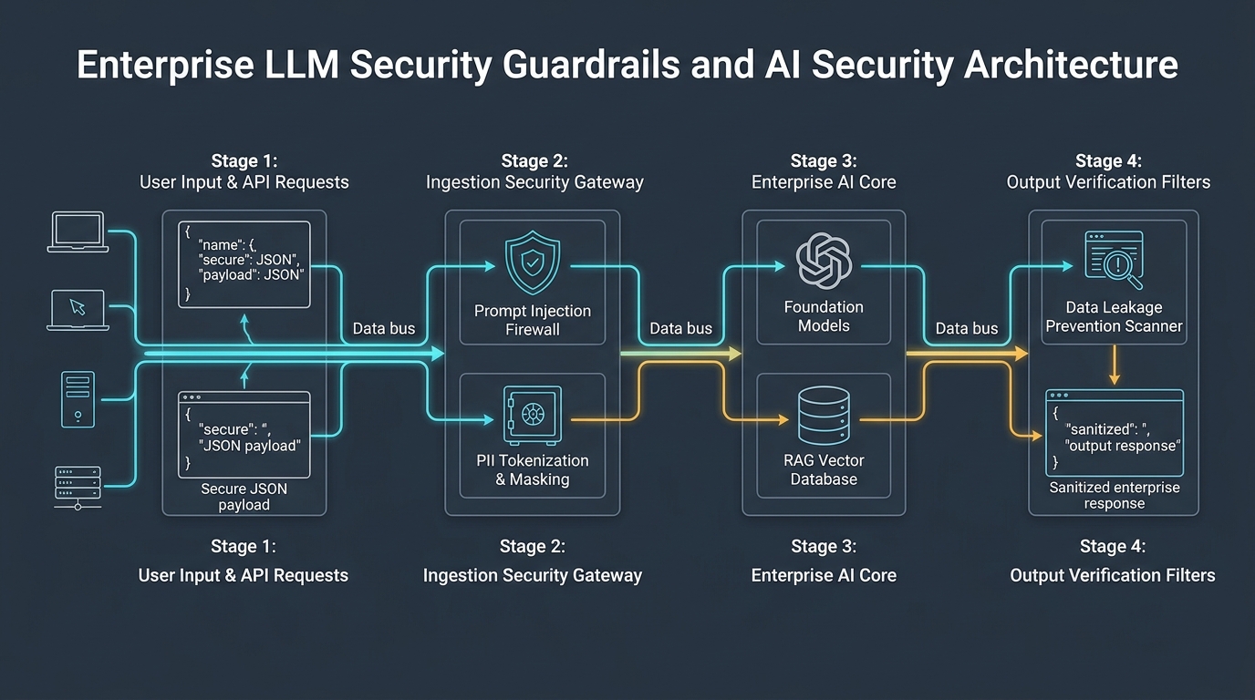 Technical architectural diagram showing enterprise LLM security guardrails, prompt injection firewalls, and PII masking