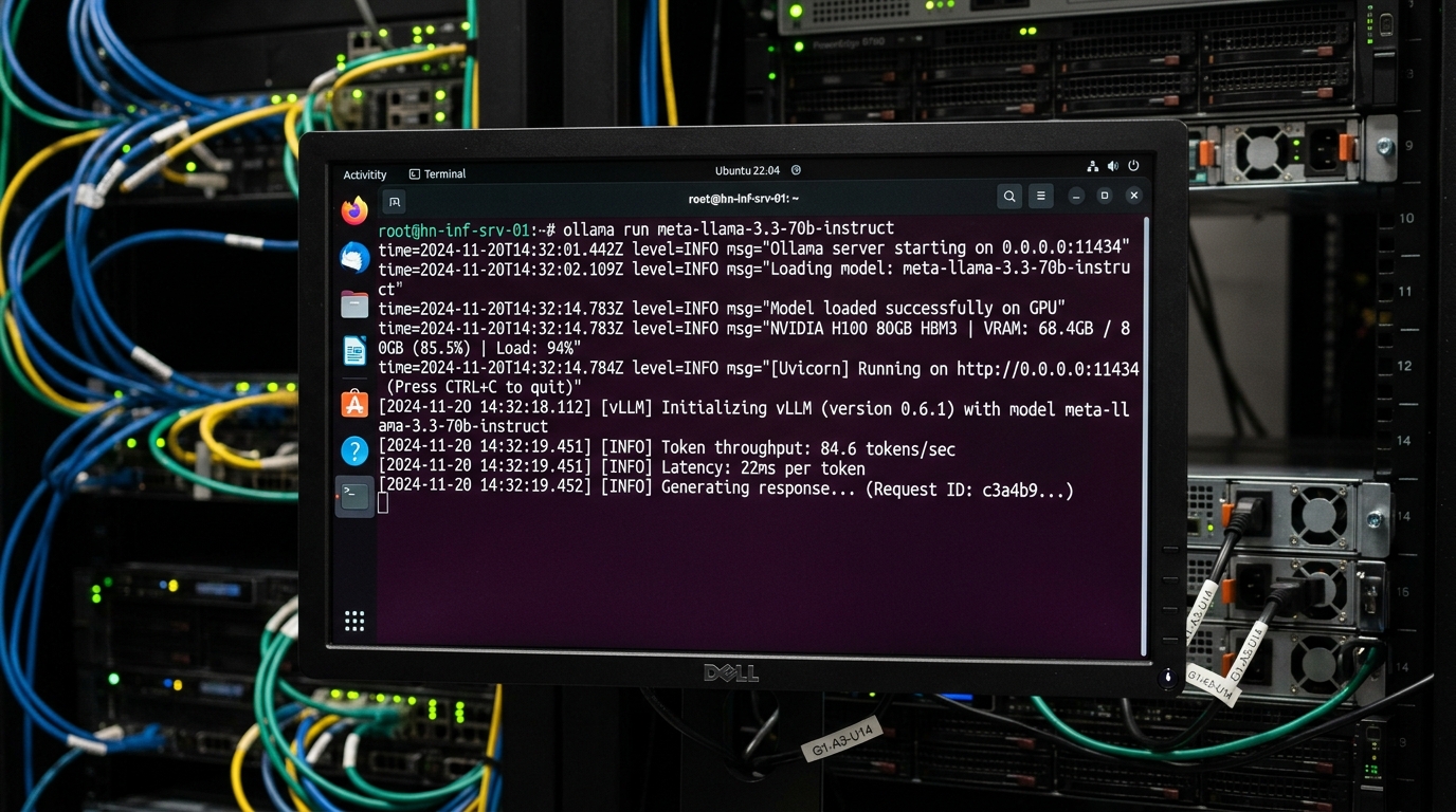 Linux server terminal displaying local LLM inference server throughput and GPU VRAM utilization metrics