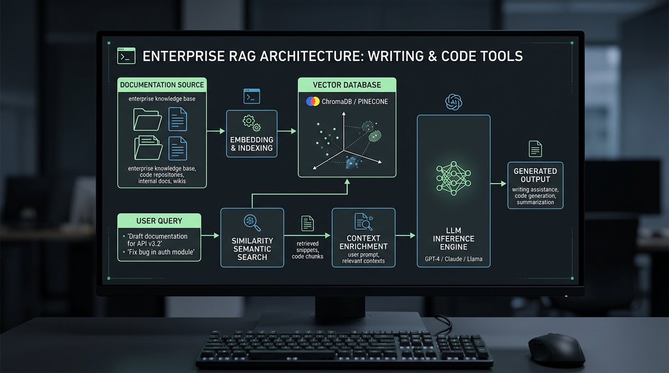 Enterprise RAG architecture diagram linking document vector embeddings to an LLM context window