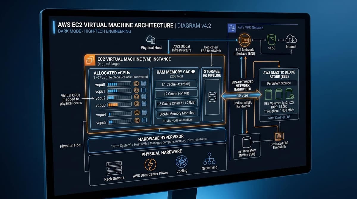 AWS EC2 virtual machine architecture diagram showing Nitro hypervisor, vCPU, and EBS bandwidth