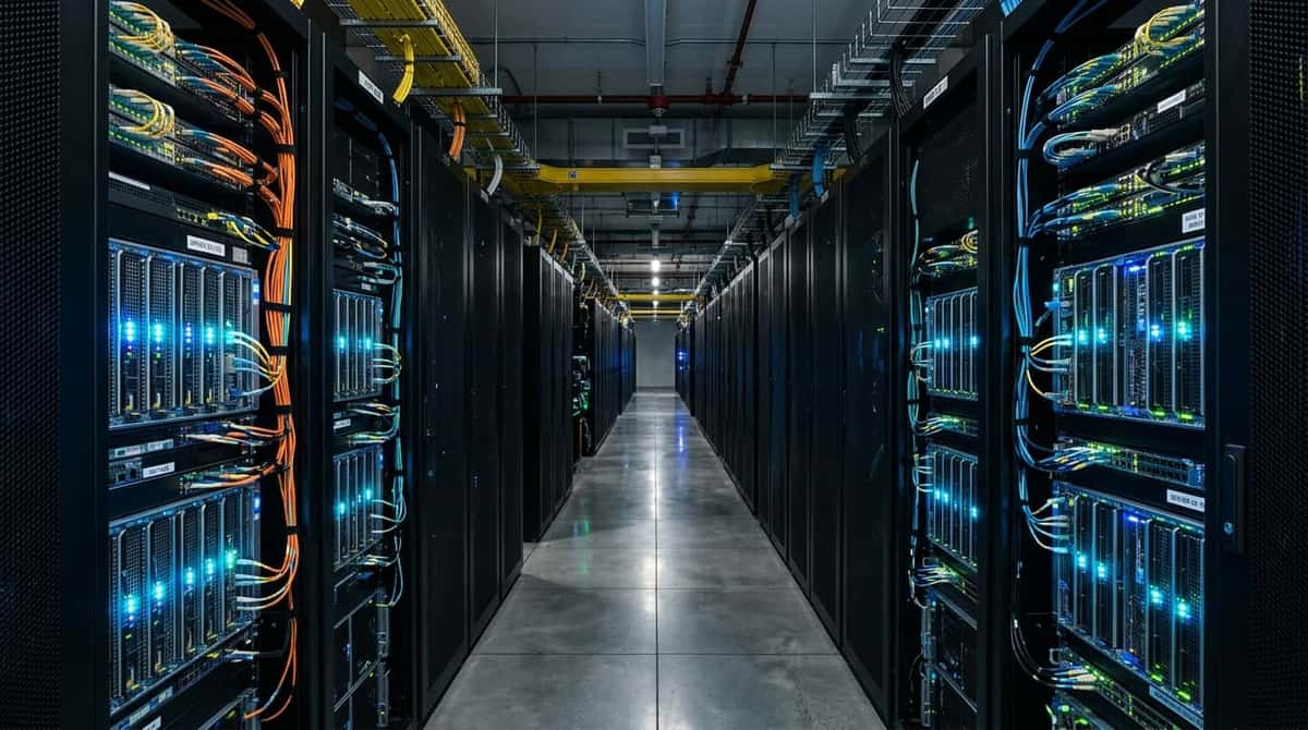 Production enterprise cloud datacenter server corridor with fiber optic wiring