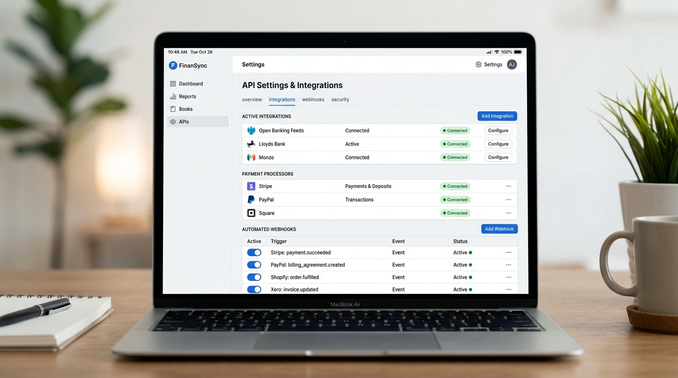 Cloud accounting Open Banking API integrations and automated webhook event settings