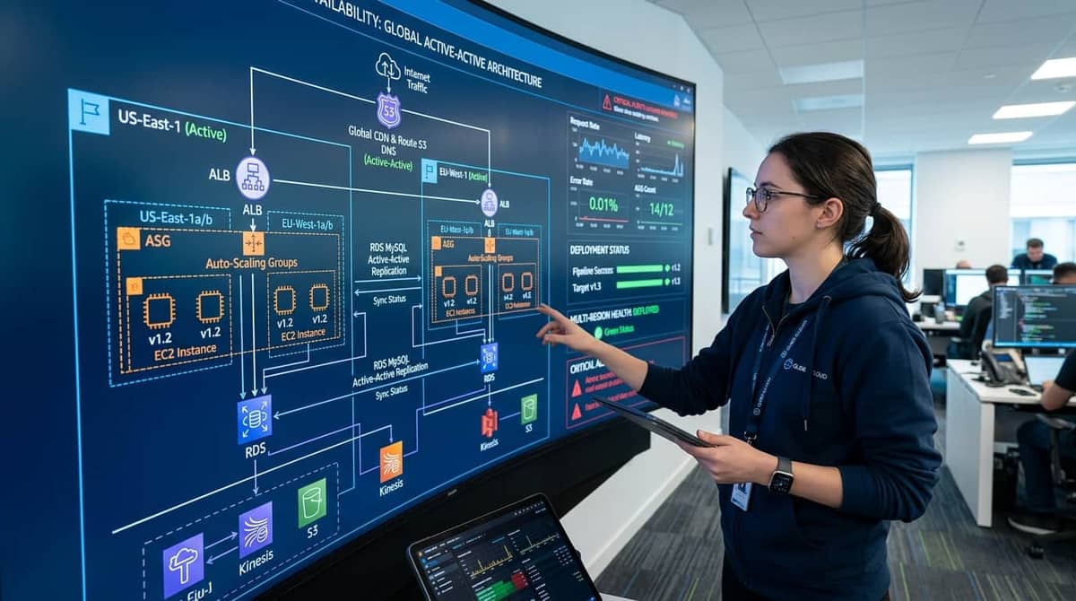 Cloud systems administrator reviewing multi-region active-active failover topology