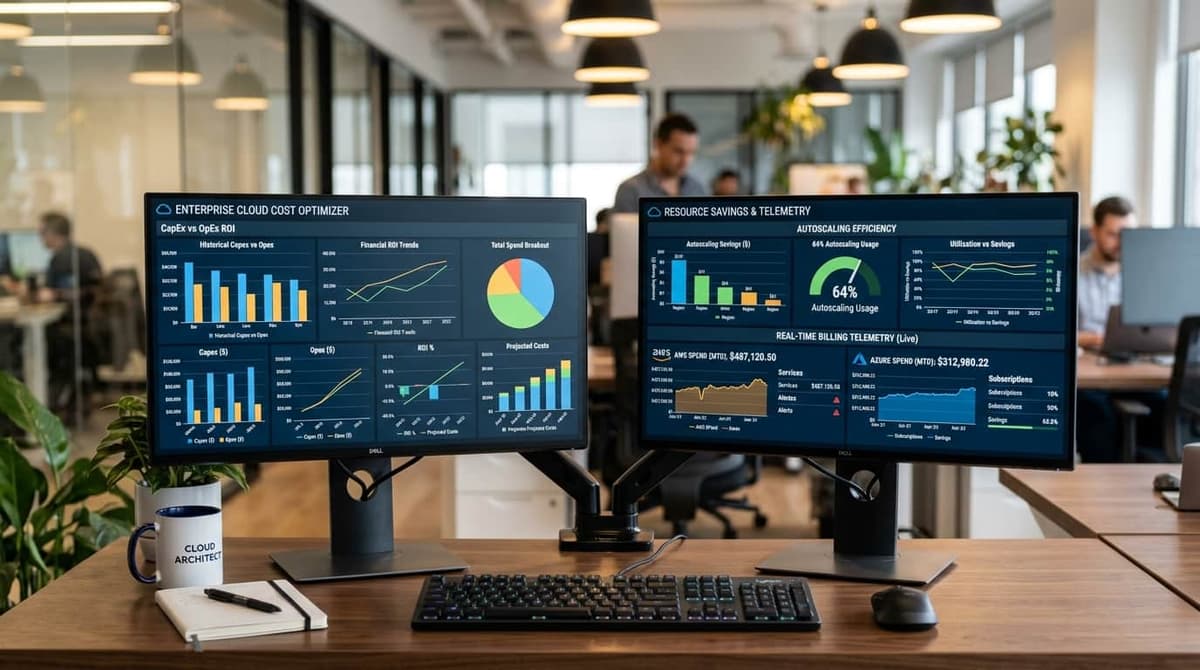 Enterprise cloud cost management dashboard showing CapEx versus OpEx return on investment