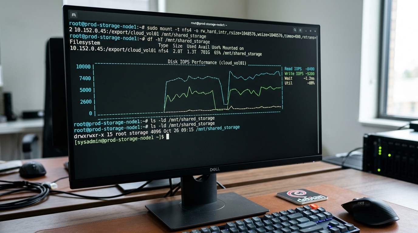 Enterprise Linux terminal displaying NFS cloud storage mount commands and IOPS metrics