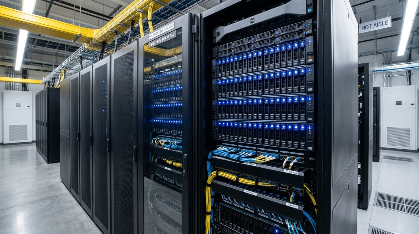 Enterprise datacenter storage rack containing high-density flash NVMe storage arrays