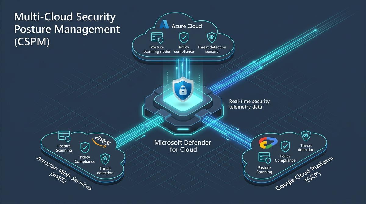 Microsoft Defender for Cloud multi-cloud architecture connecting Azure, AWS, and Google Cloud