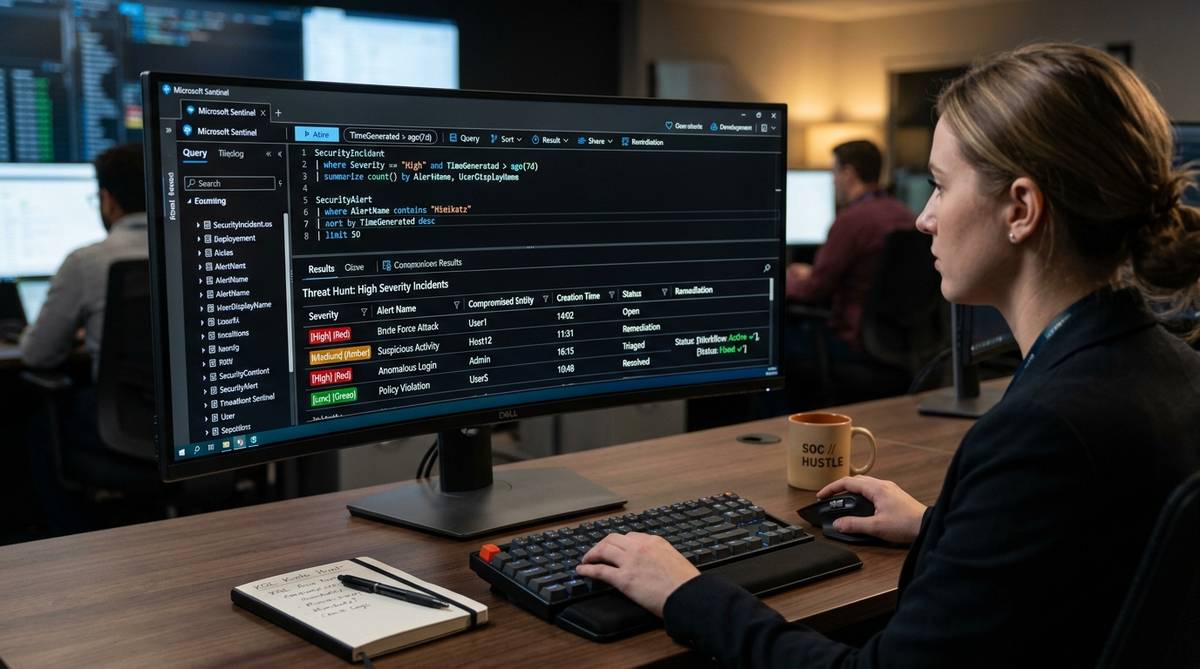 Security operations center console running KQL queries for Microsoft Defender for Cloud recommendations