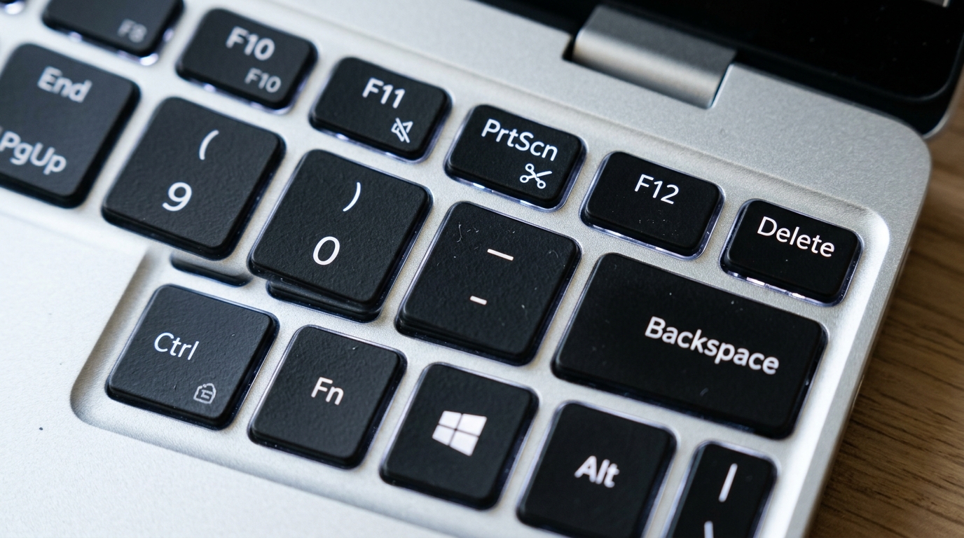 Dell laptop keyboard close-up highlighting Print Screen and Windows shortcut keys