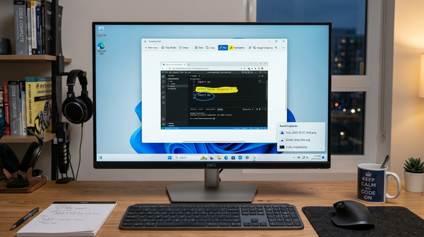 Dell monitor displaying Windows 11 Snipping Tool markup options and capture gallery
