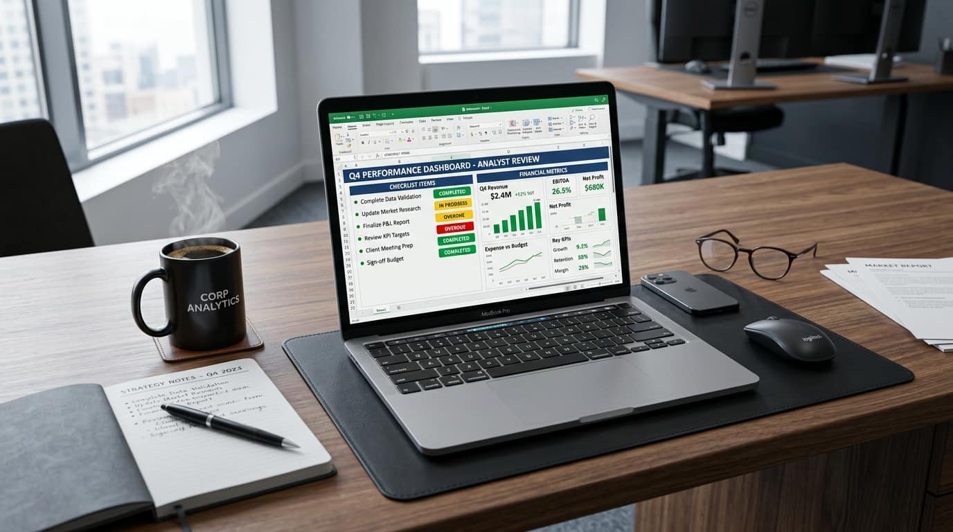 Corporate Excel executive performance dashboard with formatted bullet checklists