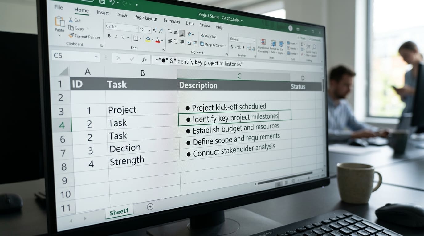 Excel worksheet editing formula with bullet points in cells