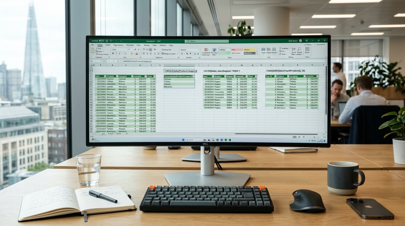 Advanced Excel dynamic array spreadsheet utilizing UNIQUE FILTER and TAKE functions cleanly