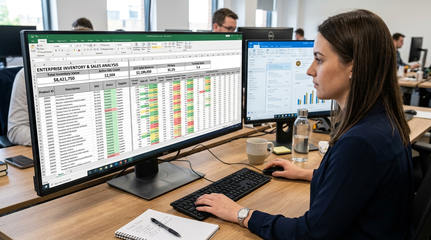 Large Excel spreadsheet with locked header row and frozen multiple columns for data auditing