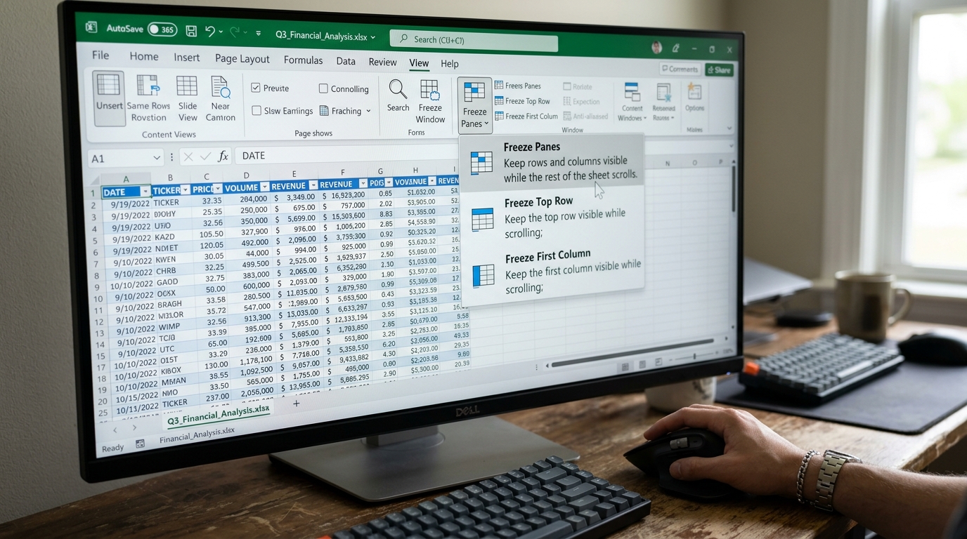 Excel View ribbon interface displaying the Freeze Panes dropdown menu and options