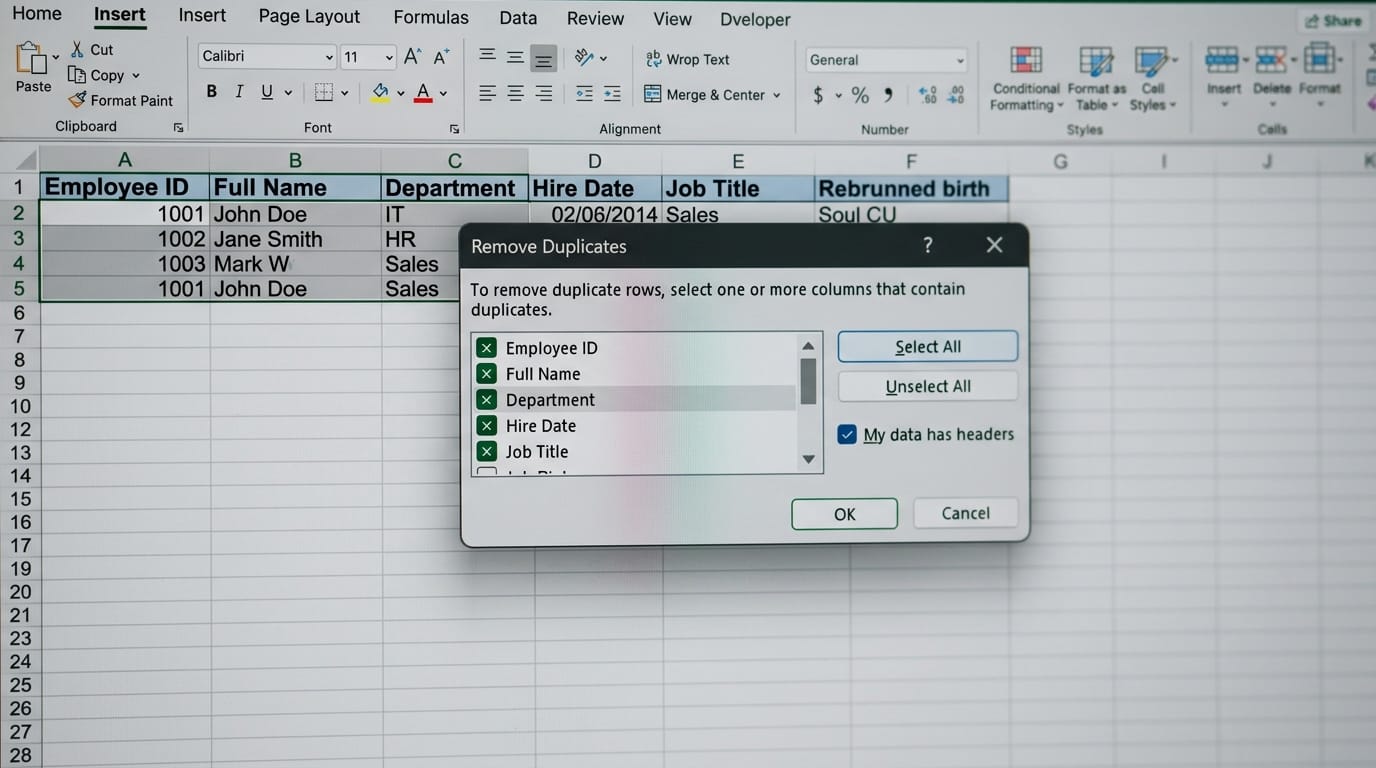 Excel Remove Duplicates pop-up dialog box selecting specific columns