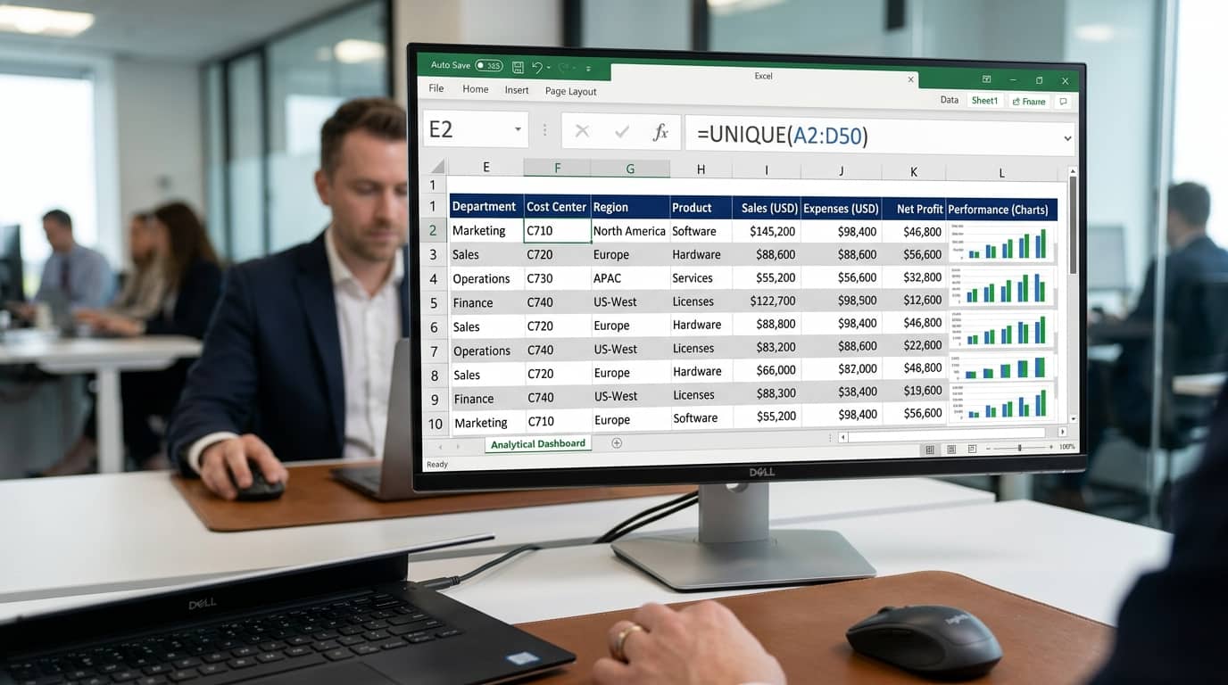 Excel spreadsheet showing dynamic array formula UNIQUE filtering distinct records