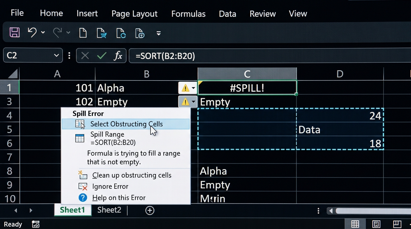 Microsoft Excel dropdown menu showing Select Obstructing Cells option to fix the #SPILL! error