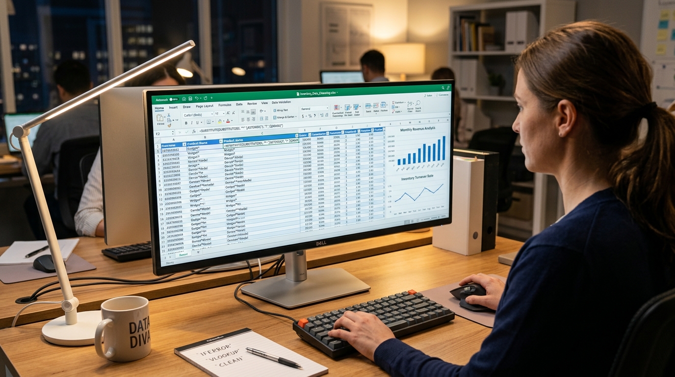 Excel spreadsheet data cleaning workstation applying asterisk and question mark wildcards