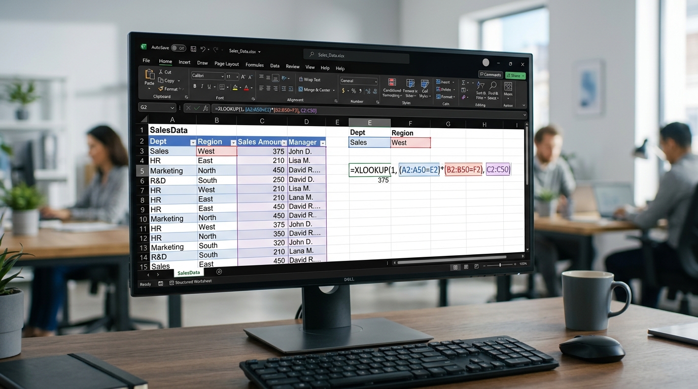 Microsoft Excel worksheet demonstrating XLOOKUP multiple criteria formula