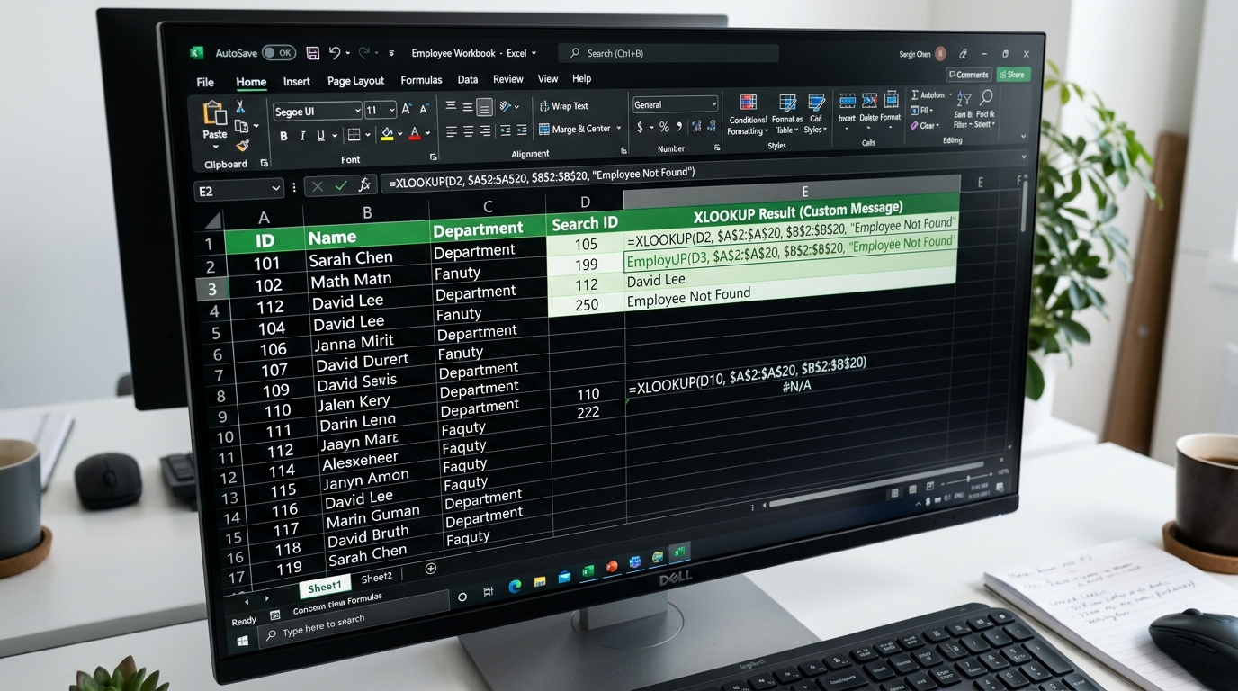 Excel spreadsheet demonstrating XLOOKUP custom error handling against #N/A errors