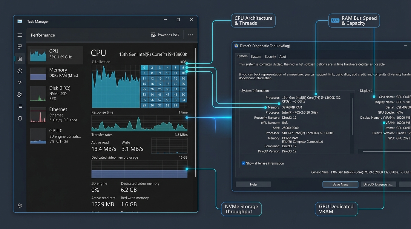 Windows 11 Task Manager Performance tab and DirectX Diagnostic Tool telemetry side-by-side