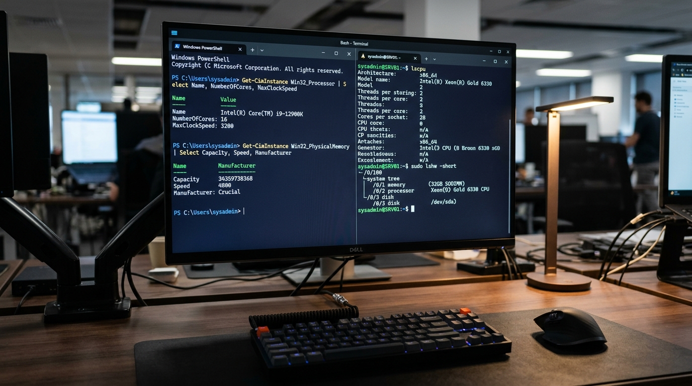 Systems administrator terminal executing hardware queries across Windows PowerShell and Linux bash