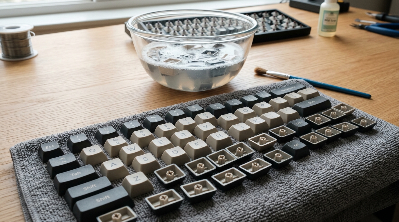 Washing mechanical keyboard keycaps in mild soapy solution and drying stems on microfiber towel