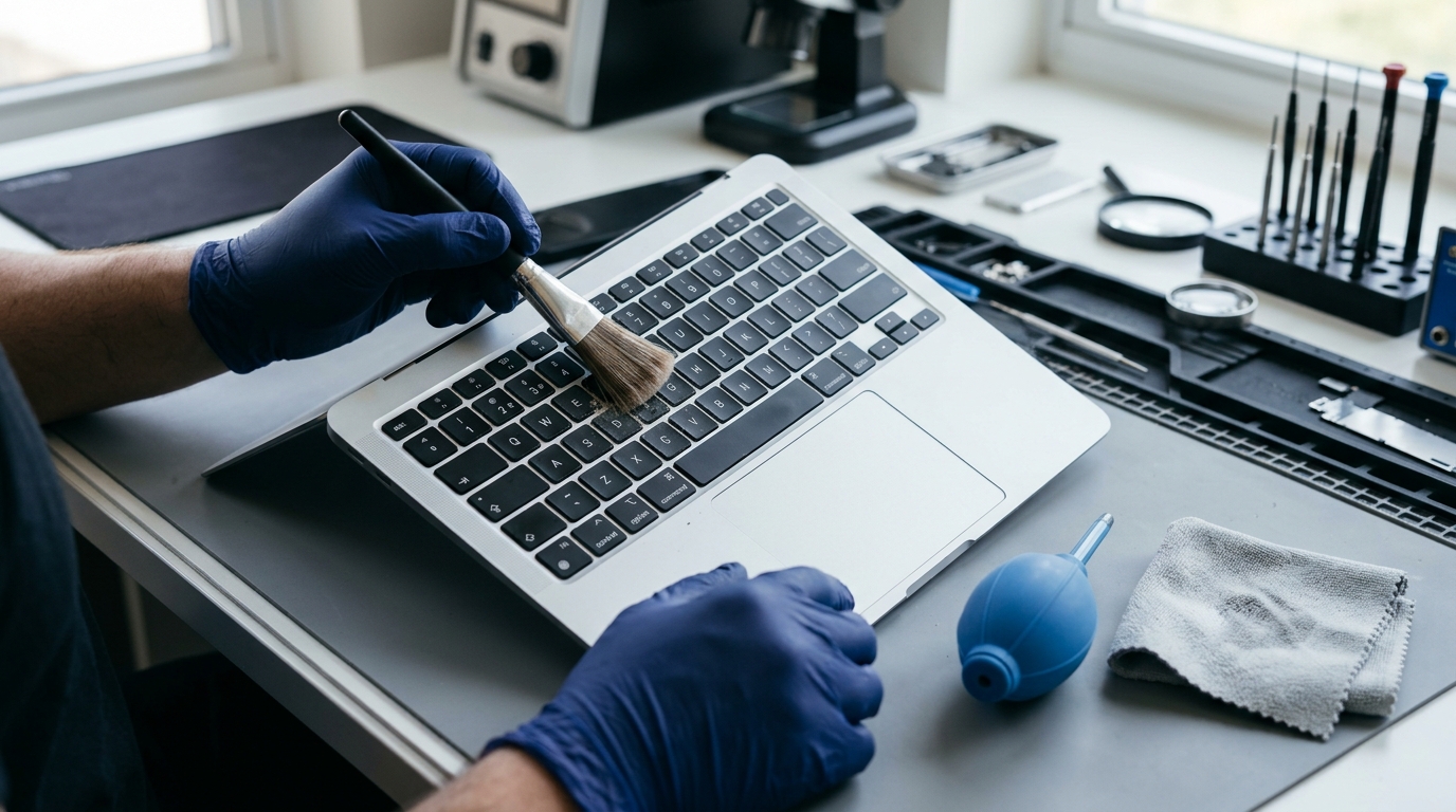 Technician cleaning laptop keyboard scissor switches with an antistatic precision brush at 45 degree angle