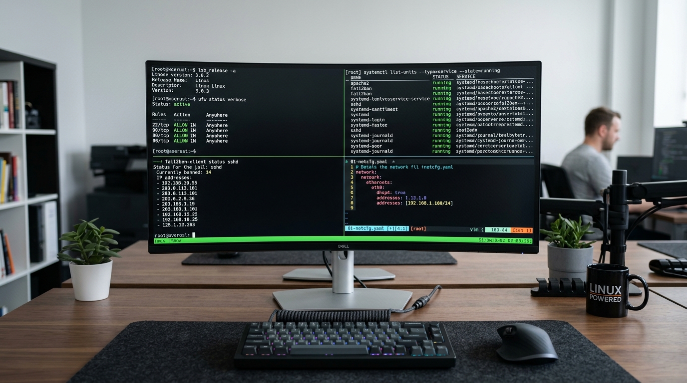 Linux administrator split terminal console running UFW, systemctl, and fail2ban telemetry