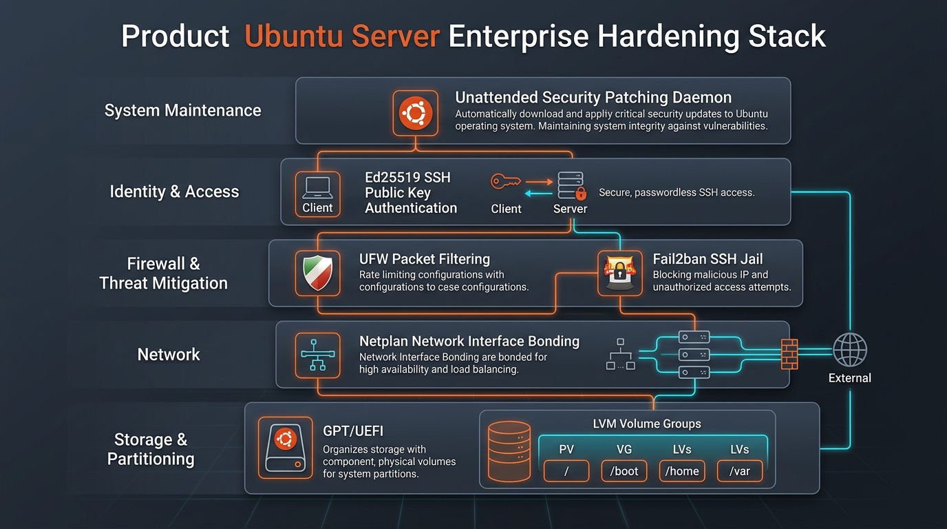 Ubuntu Server production hardening architectural layers and system diagram