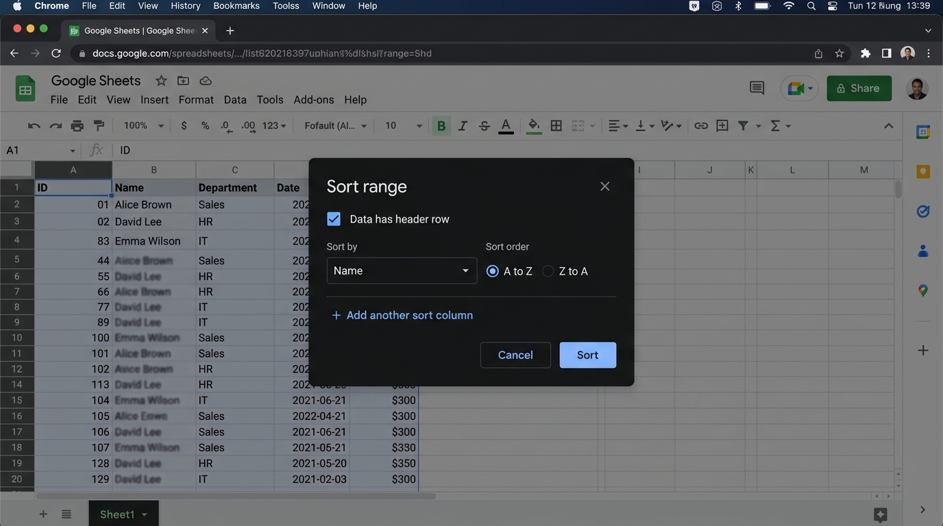 Google Sheets Advanced Range Sort dialog box interface with multi-column criteria