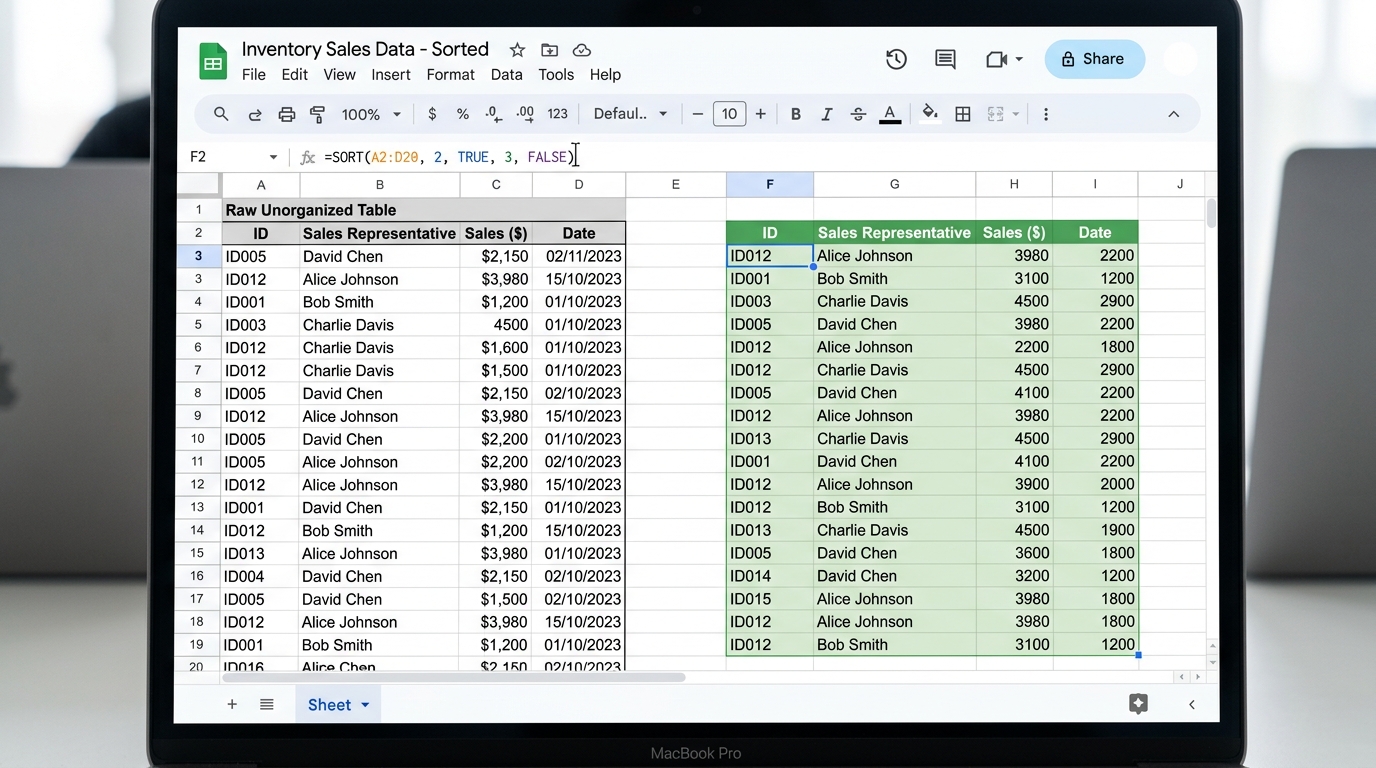 Google Sheets dynamic SORT array formula generating sorted output without altering source records