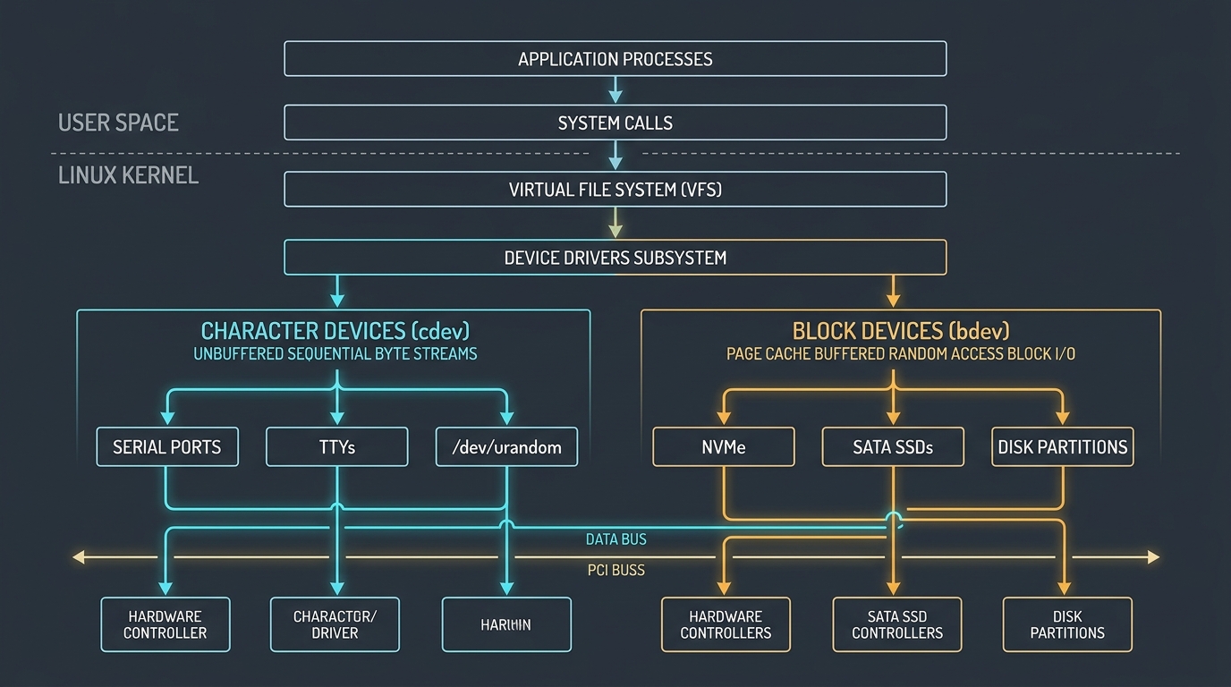 Technical architectural diagram showing Linux kernel device abstraction between character devices and block devices