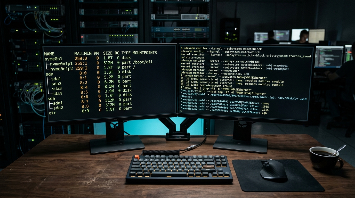 Dual-monitor sysadmin terminal workstation displaying Linux device inspection commands including lsblk, lspci, and udevadm