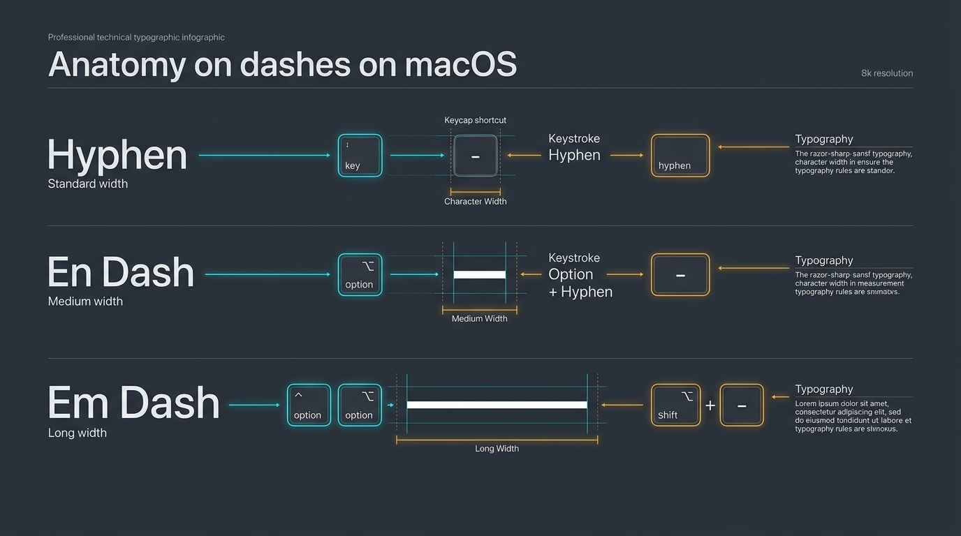 Technical diagram illustrating macOS keyboard shortcuts for hyphens, en dashes, and em dashes