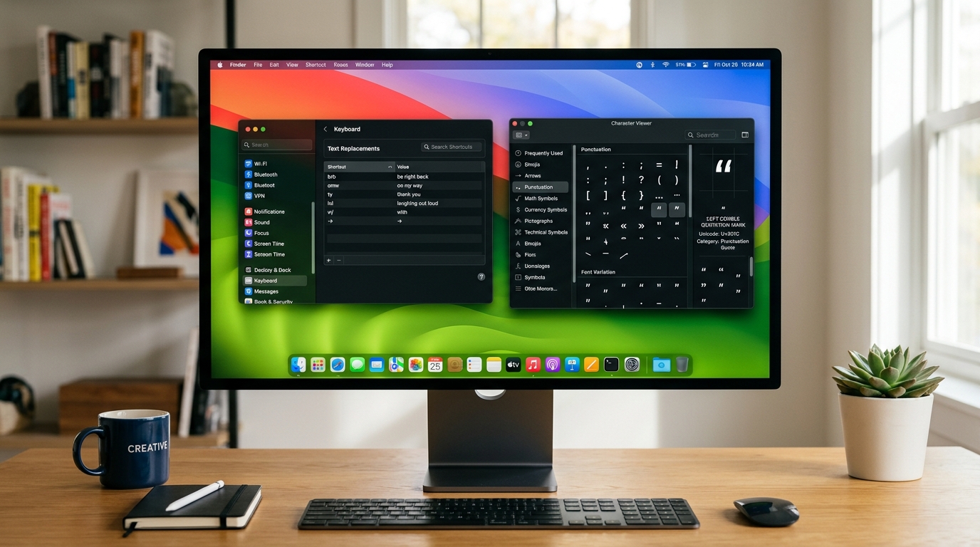 macOS desktop split screen showing System Settings Keyboard Text Replacements alongside Character Viewer palette