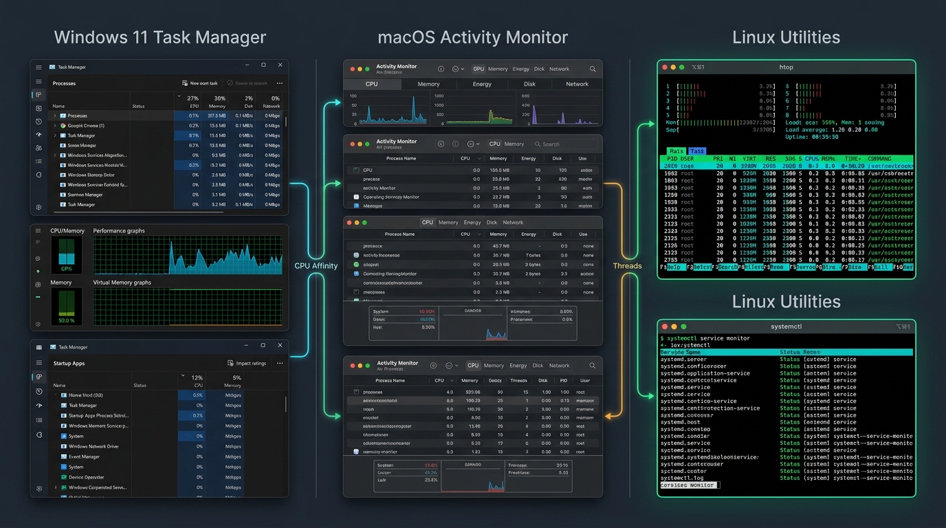 Technical diagram comparing Windows Task Manager, macOS Activity Monitor, and Linux htop process management architectures