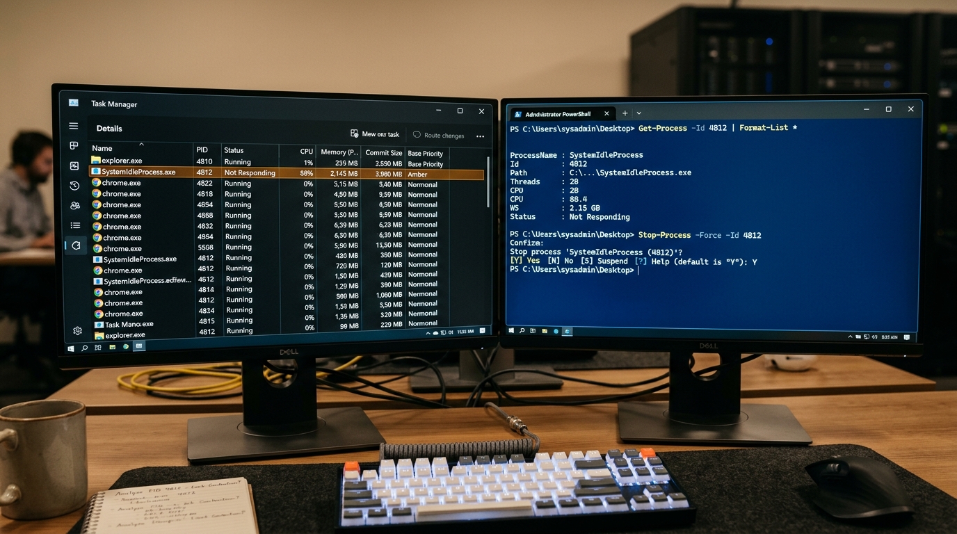 Split diagnostic console demonstrating Windows Task Manager Details tab PID inspection alongside PowerShell process commands