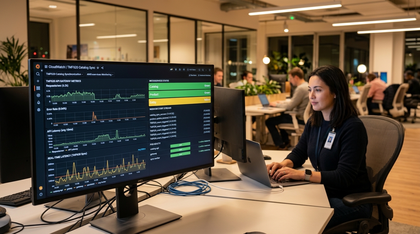 Enterprise cloud monitoring for TMF620 catalog synchronization and event streams